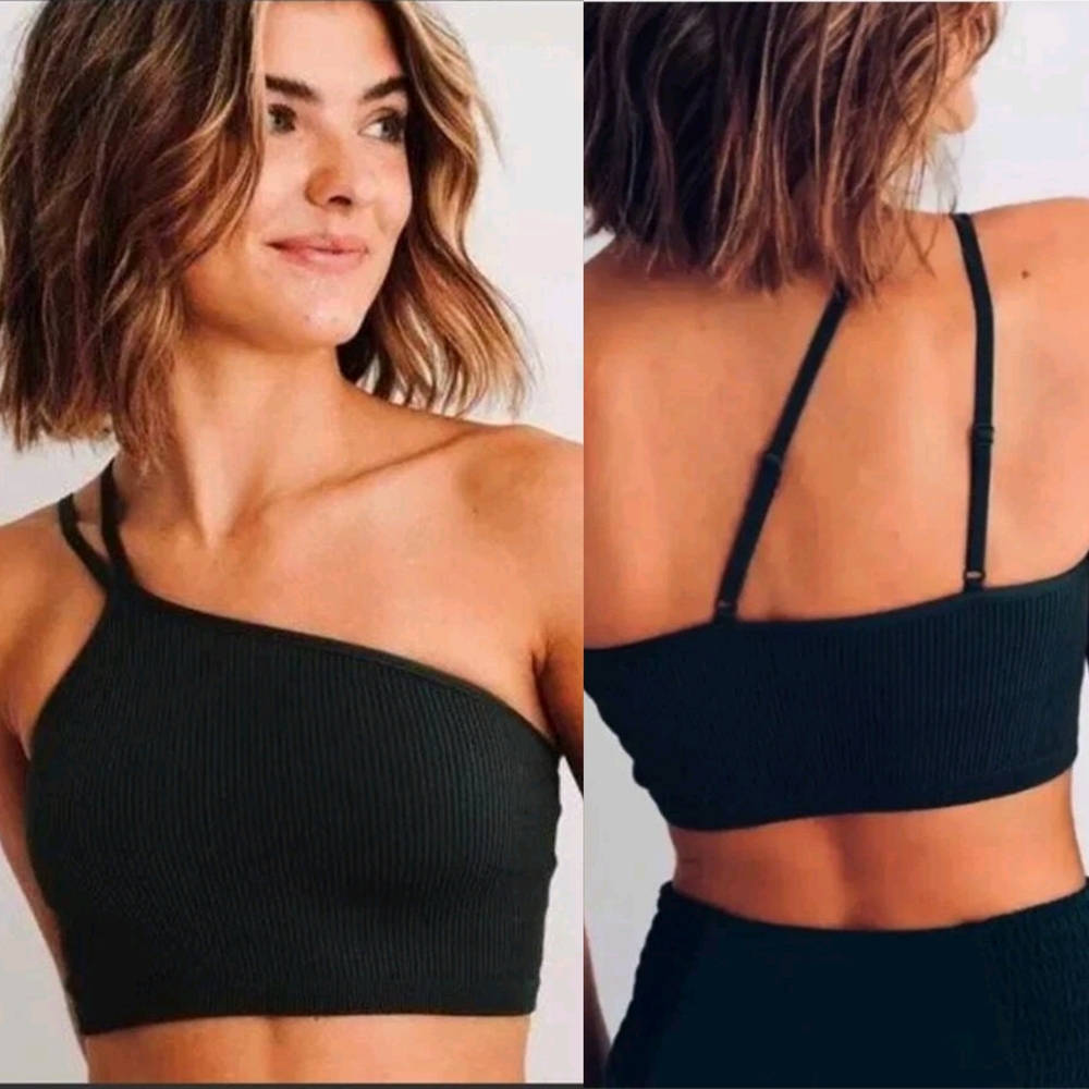 aerie Black Ribbed One-Shoulder Crop Top